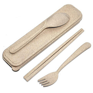 欣沁创意旅行勺子筷子叉子 小麦秸盒儿童可爱学生便携餐具三件套装北欧米