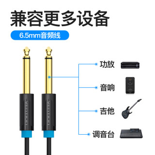 VENTION 威迅 6.5mm音频线大二芯公对公转接头 功放/音响/吉他/调音台连接线 6.35mm对录线 1米 黑色BAABF