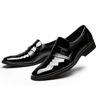 COSO 男士亮面皮鞋英伦尖头婚鞋男士商务正装皮鞋青年男鞋 7812 黑色 39码