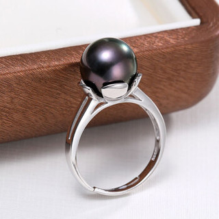 黛米珠宝  10.5-11mm正圆强亮光泽大溪地黑珍珠戒指925银 海眸 黑色 10.5-11mm