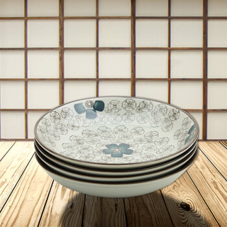 根因陶瓷 日韩式7英寸菜盘深盘子釉下彩日式餐具套装陶瓷盘深汤盘(4只装)蓝富贵