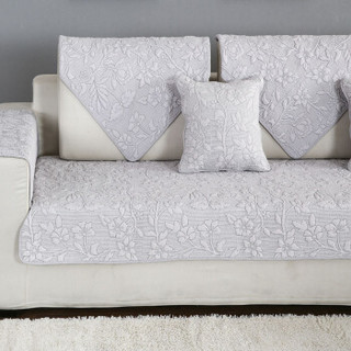 青苇 欧式沙发套 全棉水洗沙发巾坐垫 绗缝刺绣盖布 花语灰色90X180cm  1片装