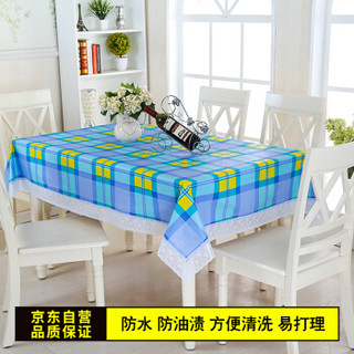 京惠思创 PVC防水防油免洗加厚多款塑料餐桌布台布 小号152*152(正方形) 蓝色格纹 JH0209