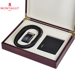 梦特娇（MONTAGUT）男士皮带钱包礼盒套装自动扣牛皮商务休闲腰带短款皮夹ML02黑色