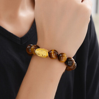 黄金手链男士款足金转运珠12mm黄虎眼石路路通手串自戴生日礼物送老公