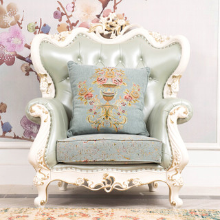 中伟ZHONGWEI欧式沙发优质牛皮实木沙发 客厅实木雕花沙发组合单人位浅蓝