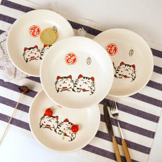 萌可日式陶瓷盘子手绘招财猫碟子瓷日式餐具创意餐盘8英寸4只套装