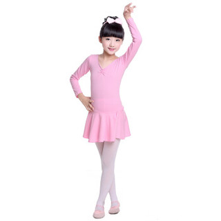 驰动 儿童舞蹈服女童练功服女款 秋冬长袖考级服装连体服棉芭蕾舞裙 粉色4XL码