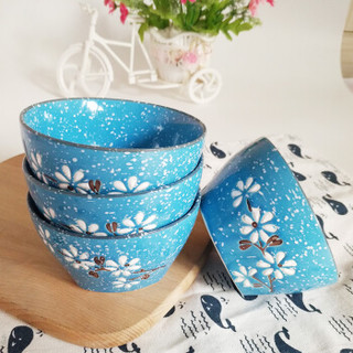 萌可吃饭碗家用日式餐具樱花米饭碗手绘陶瓷碗具雪花釉4.5英寸小碗4只套装