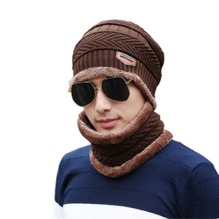 戈顿  保暖帽子男 冬季保暖毛线帽女 加绒针织毛线帽 送围脖 脖套 咖啡色均码