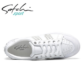 SATCHI 沙驰 系带圆头镂空女士休闲鞋平底女板鞋M7043001 白色 39