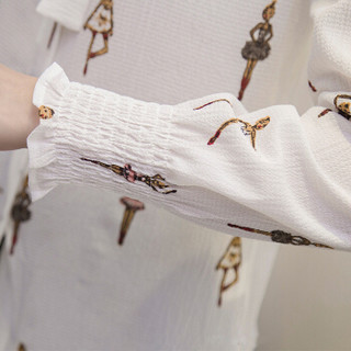 朗悦女装 新款韩版雪纺衬衫气质蝴蝶结印花长袖上衣 LWCC180101 白色 L