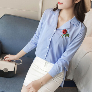 朗悦女装 2019春季新款韩韩版西装领长袖衬衫玫瑰花刺绣蓝色条纹衬衣 LWCC181230 蓝色 S