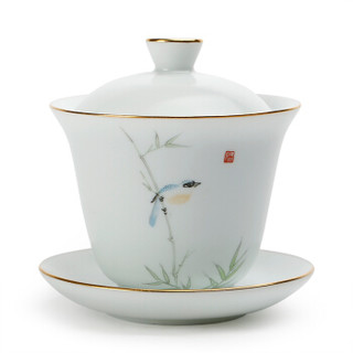 金镶玉 茶具配件 手绘白脂盖碗 中国白茶具泡茶三才碗茶杯