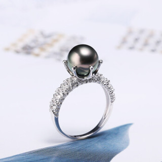 海蒂（haidi）冠妙 正圆大溪地黑珍珠戒指 可调节戒圈 黑色 8-9mm