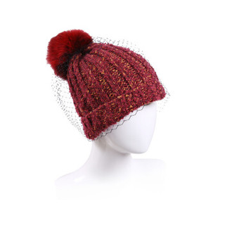 诗丹凯萨帽子女冬季毛线帽 保暖针织帽毛球帽网纱AA150049 混酒红色