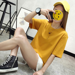 朗悦女装 2019夏季新款韩版纯色套头T恤简约学生打底上衣 LWTD182118 黄色 S