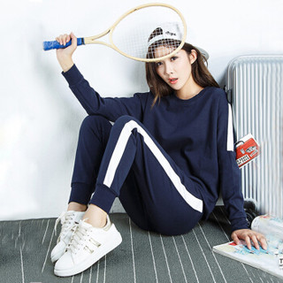 朗悦女装 新款韩版时尚运动休闲卫衣套装修身卫裤两件套 LWWY181238 藏蓝色 S