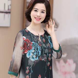 俞兆林 中老年时尚妈妈装印花雪纺长款连衣裙圆领七分袖YWTZ181219墨绿XL