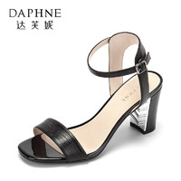 Daphne 达芙妮 复古方头露趾高跟通勤女鞋 简约一字扣带粗跟凉鞋-