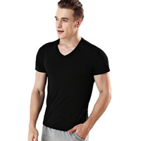 莫代尔 背心男式V领短袖T恤弹力修身莫代尔棉男士内衣打底衫黑色L (黑色、L、其他)