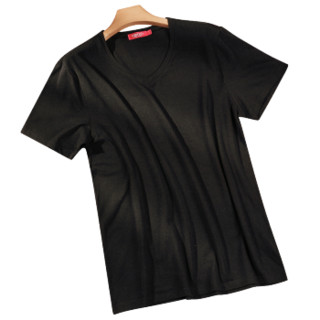 莫代尔 背心男式V领短袖T恤弹力修身莫代尔棉男士内衣打底衫黑色L (黑色、L、其他)