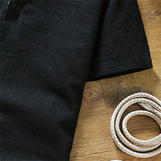 北极绒（Bejirong）亚麻T恤 2019夏季新款体恤半袖中国风透气棉麻t恤短袖男 T202 黑色 XL