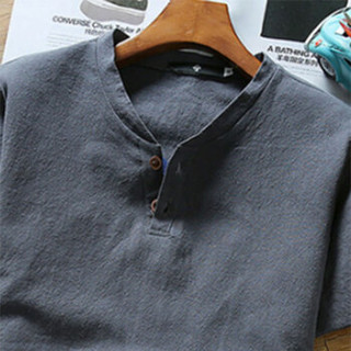 北极绒（Bejirong）亚麻T恤 2019夏季新款体恤半袖中国风透气棉麻t恤短袖男 T202 灰蓝色 3XL