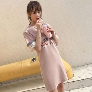LAXJOY 朗悦 新款韩版短袖连衣裙时尚印花T恤+蕾丝系带裙两件套 LWQZ183817