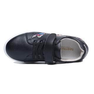 天美意（TEENMIX）童鞋女童鞋 刺绣印花休闲鞋儿童平底运动鞋DX0234 黑色 32码