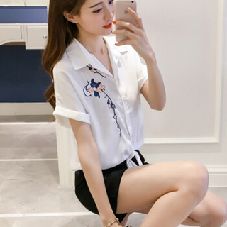 朗悦女装 短袖白衬衫女2019夏季新款韩版学生衬衣刺绣翻领上衣 LWCD184215 刺绣花 S