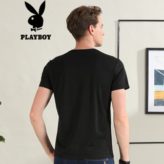 花花公子 PLAYBOY 短袖T恤男士时尚黑色圆领字潮流帅气青年 DH01180165 黑色 180/XL/52