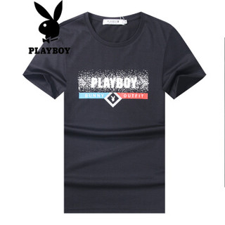 花花公子 PLAYBOY 短袖T恤男士时尚黑色圆领字潮流帅气青年 DH01180165 黑色 180/XL/52