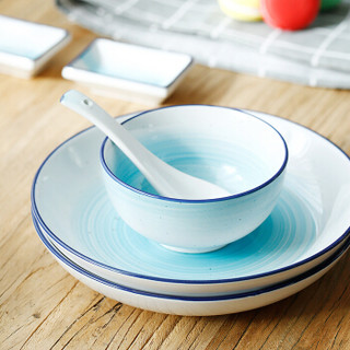 单良(Shanliang) 陶瓷餐具套装日式米饭碗碟盘子汤勺调味碟创意厨房套件 蓝色海洋之心12头餐具套装