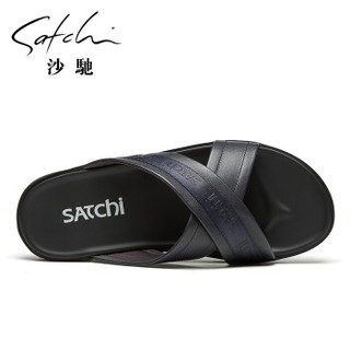 SATCHI 沙驰 沙驰  牛皮舒适露趾沙滩男拖鞋  73843001Z 黑色 39