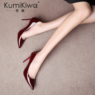 KumiKiwa 漆皮头层牛皮细跟浅口尖头高跟单鞋 K18QN3329 酒红色8.5CM 36