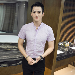 鳄鱼恤（CROCODILE）衬衫 男士韩版修身大码短袖衬衣 D27 紫色 L/39