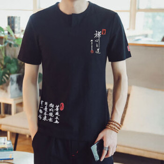 北极绒（Bejirong）短袖T恤男 2019年夏季新款男士日系亚麻短袖薄T恤男圆领T恤 A082-T109 黑色 2XL