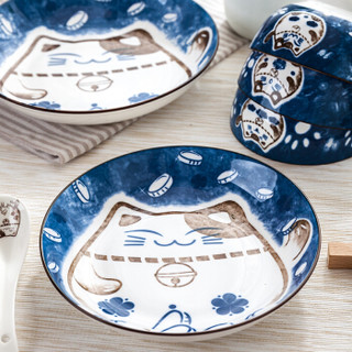 雅诚德日式创意餐具6头套装卡通陶瓷碗盘子可爱碗碟（深蓝）