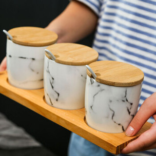 承文阁 陶瓷三组调味罐套装 厨房酒店用品调料盒带木盖小勺木托盘