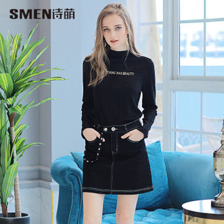 诗·萌（SMEN）针织衫女 时尚百搭套头长袖气质修身韩版外衣 J8305559 黑色 XL