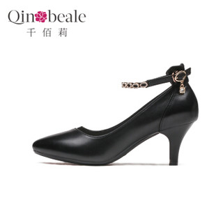 Qin&beale 千佰莉 单鞋女中跟粗跟时尚尖头休闲舒适高跟一字式扣带女 203D98027 黑色 39