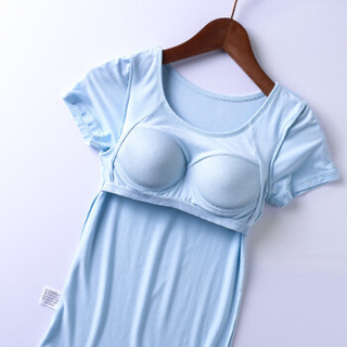 YINGHUAXIANG 樱花巷 一体式纯色运动内衣短袖T恤透气无钢圈带胸垫打底衫女夏上衣 天空蓝 XL (蓝色、XL)