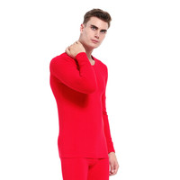 Plandoo 帕兰朵 男士保暖内衣秋衣秋裤圆领基础打底棉毛衫套装男女情侣基础棉质薄款内衣套装 红色 XXXL码