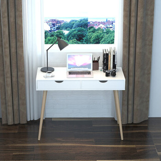 木以成居 电脑桌台式家用 北欧简约实木腿书桌办公桌带抽屉 仿实木白色LY-4128