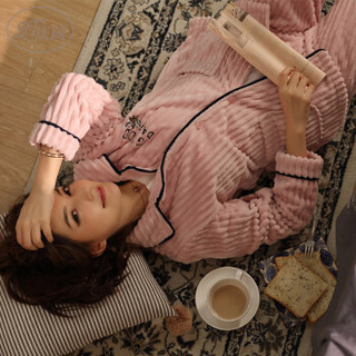 庆同（QingTong）女款法兰绒睡衣套装舒适加厚可外穿长袖纯色家居服 3376313 浅豆沙 XL