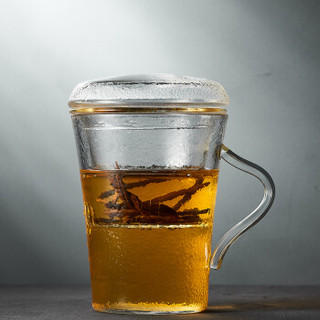 尚言坊 耐热玻璃锤纹茶杯办公室带盖过滤泡茶水杯子简约创意马克杯 细纹三件杯
