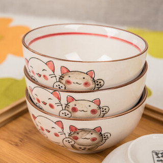 石田烧 日式创意陶瓷4.5英寸米饭碗 釉下彩手绘陶制宠物猫汤碗礼盒装 4只装