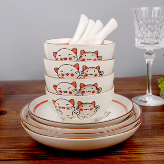 石田烧 日式陶瓷餐具套装 釉下彩手绘陶制碗碟盘勺礼盒装 宠物猫12头