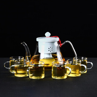 博为 泡茶壶 玻璃 陶瓷内胆茶水壶煮茶器电陶炉 冷濛蒸茶壶配6杯+昔风电陶炉(白)